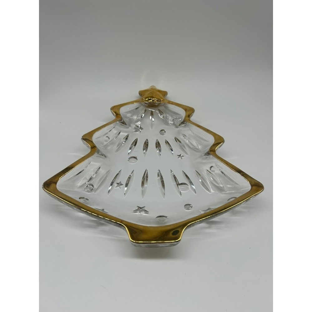Mikasa Crystal Christmas Tree Dish Gold Trim Star Holiday Serving Tray Clear